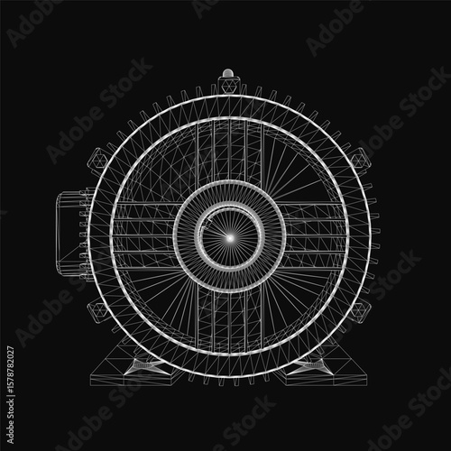 A black and white 3D wireframe drawing of an electric motor with detailed components, visible wiring, and intricate mechanical structure. The technical illustration highlights gears, coils