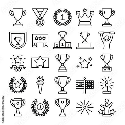 Collection of Twenty Five Black Line Art Icons Depicting Awards Trophies Medals Laurels Stars Winner Podium First Place Victory Celebration Achievement Success Competition