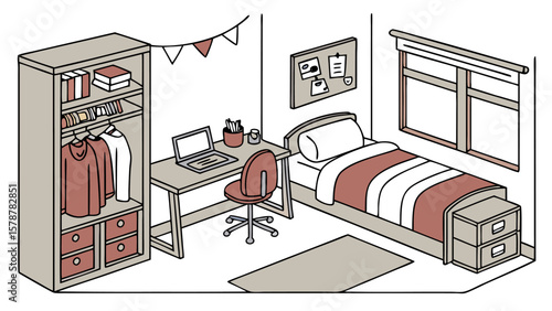 Isometric view of a bedroom with a bed wardrobe desk chair window and decorations in a simple style