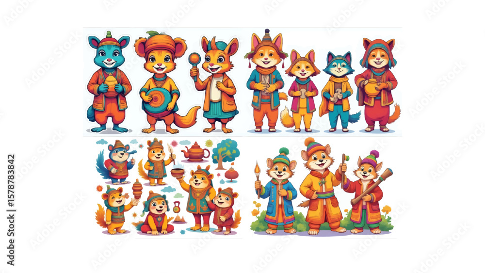 : Parade of Cartoon Animals in Festive Costumes with Musical Instruments and Party Accessories : Parade of Cartoon Animals in Festive Costumes with Musical Instruments and Party Accessories