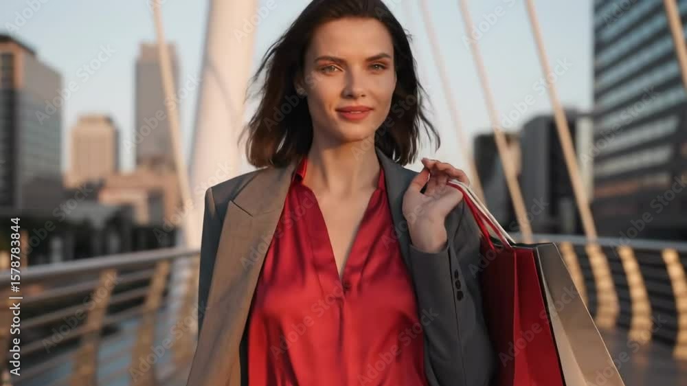 Woman carrying shopping bags - Confident woman in a stylish outfit walking across a modern bridge at sunset, carrying shopping bags, with a city skyline in the background Woman carrying shopping bags - Confident woman in a stylish outfit walking across a modern bridge at sunset, carrying shopping bags, with a city skyline in the background