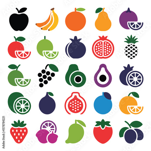 Collection of Twenty Five Colorful Fruit Icons Apples Bananas Oranges Pears Plums Grapefruit Limes Pomegranates Pineapple Avocados Figs Strawberries Mangoes and More