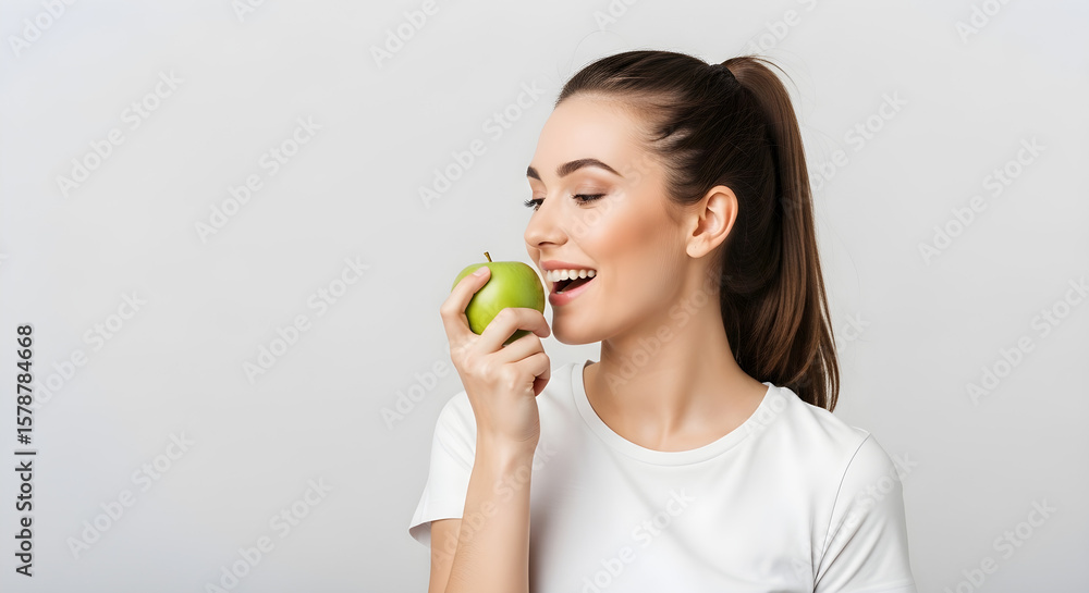 Joyful woman wearing a white shirt eagerly preparing to bite into a crisp, vibrant green apple, symbolizing health, wellness, and a refreshing snack against a bright background. Joyful woman wearing a white shirt eagerly preparing to bite into a crisp, vibrant green apple, symbolizing health, wellness, and a refreshing snack against a bright background.