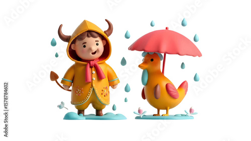 Wallpaper Mural A whimsical illustration of a child dressed as a bull in a raincoat with a duck under an umbrella amidst falling raindrops on a transparent background creating a cheerful scene. Torontodigital.ca