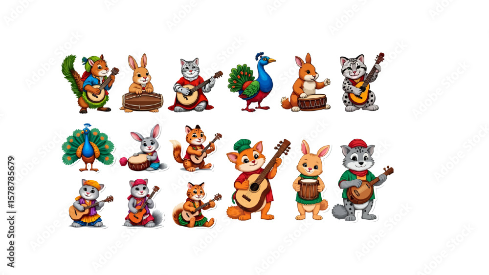 Obraz premium Charming cartoon animals gather for a musical jamboree, featuring cats, rabbits, squirrels, and a peacock, each playing instruments against a crisp white background.