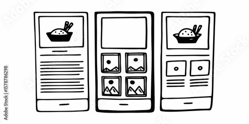 Mobile App Mockup: Hand-drawn app interfaces showcasing a diverse set of interactive elements, suggesting content organization and potential user interaction within the mobile application