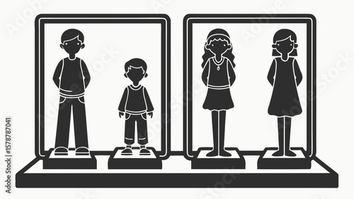 A family displayed in a shop window illustration