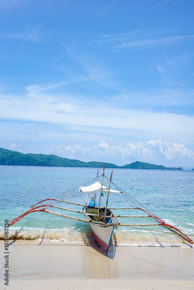 Obraz premium A traditional Filipino boat rests gently on the shore of a pristine white sand beach in Palawan, Philippines. The crystal-clear turquoise water laps softly against the boat under a summer blue sky
