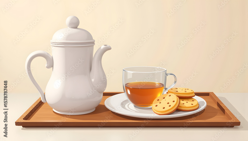 Tea set with teapot and cookies on wooden tray Tea set with teapot and cookies on wooden tray