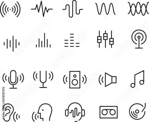 Thin line icon set of sound audio wave waves waveform ear music speaker mic microphone equlizer headphone. Pixel perfect icons, editable stroke.