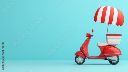 Retro red scooter with striped umbrella and empty space for text or designs on blue background