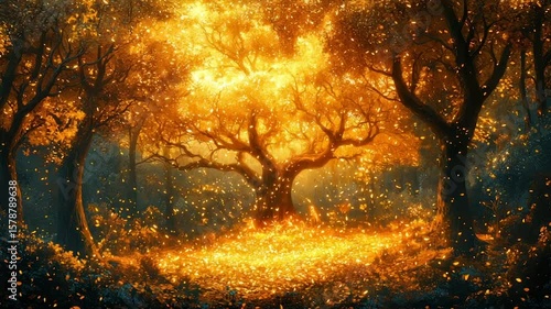 Glowing autumn tree in magical forest