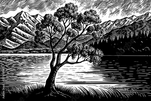 Lake Wanaka in New Zealand, with its famous lone tree and mountain backdrop, portrayed in poetic black and white line art illustration perfect for minimalist nature and travel branding