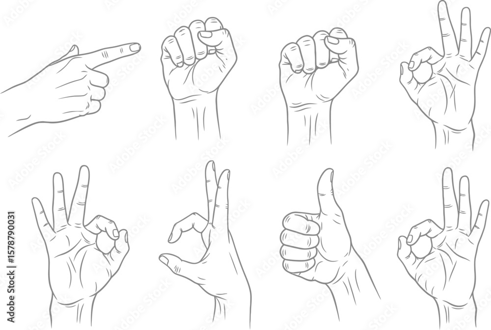 Fototapeta premium Collection of eight diverse hand gestures and signs drawn in a simple line art style