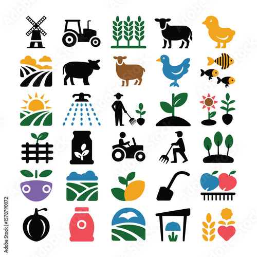 Colorful Farm Icons Set Agriculture Symbols Collection Tractor Wheat Field Cow Sheep Chicken Bird Fish Plants Gardening Tools Irrigation Sprinkler Fertilizer Seeds Harvesting Apples