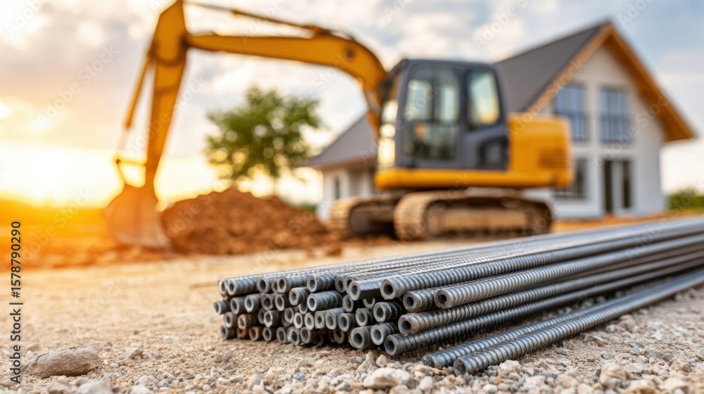 Obraz premium Steel bars lie on gravel, excavator digs in background, new house under construction at sunset.