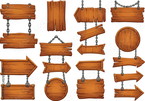 Collection of various wooden signs and banners hanging on chains