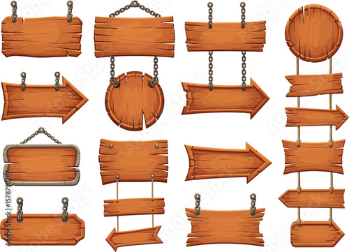 Collection of rustic wooden signs and directional arrows hanging by chains and ropes