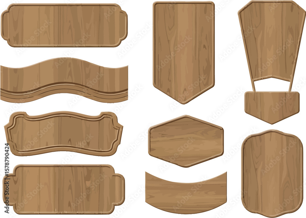 Collection of various shaped wooden signs with realistic wood grain texture Collection of various shaped wooden signs with realistic wood grain texture