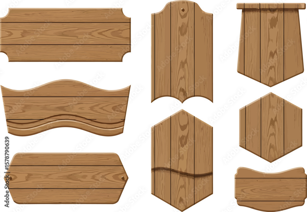 Collection of various wooden sign boards with different shapes and designs Collection of various wooden sign boards with different shapes and designs