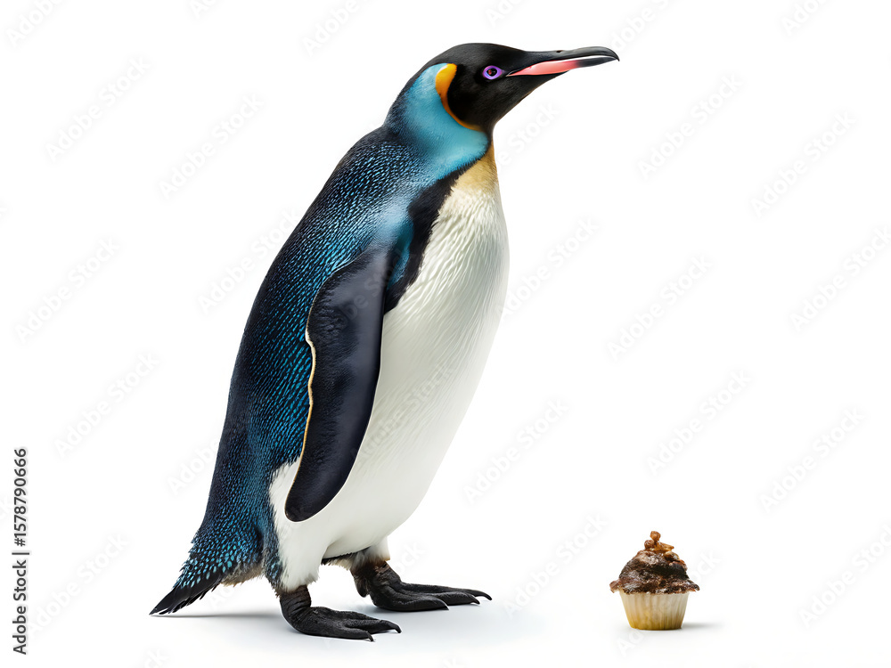 Fototapeta premium A king penguin standing near a cupcake on a white background in a studio shot with good lighting