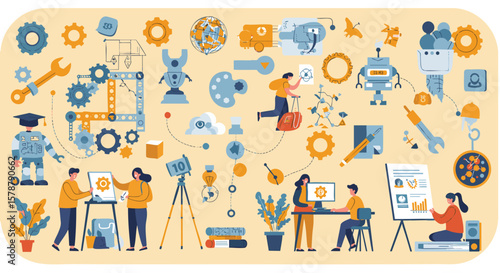 STEM Education and Robotics Engineering Flat Illustration