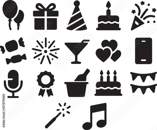Collection of various black silhouette icons of party related symbols on white Background