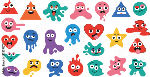 Cute Cartoon Monster and Emoji Characters Vector Set – Playful Blob Shapes and Geometric Faces with Various Emotions