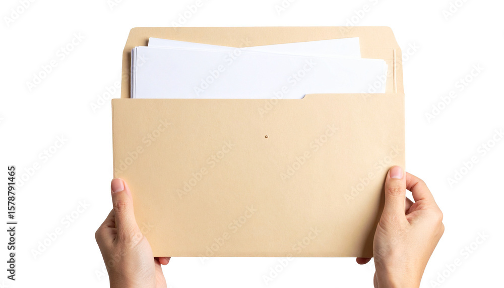 A hand holding a beige file folder with visible white documents isolated on white and transparent background.form A hand holding a beige file folder with visible white documents isolated on white and transparent background.form