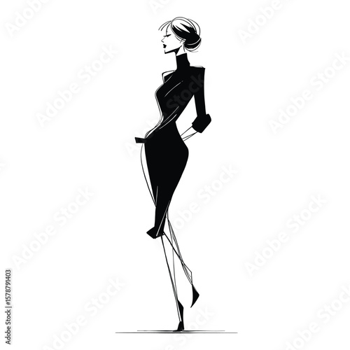 Elegant black and white silhouette of a fashionable woman in a dress, perfect for fashion design, boutique branding, or creative art concepts
