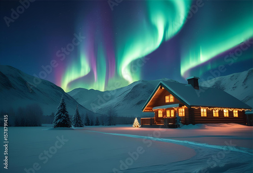 Northern lights aurora borealis over winter cabin in snowy mountain landscape