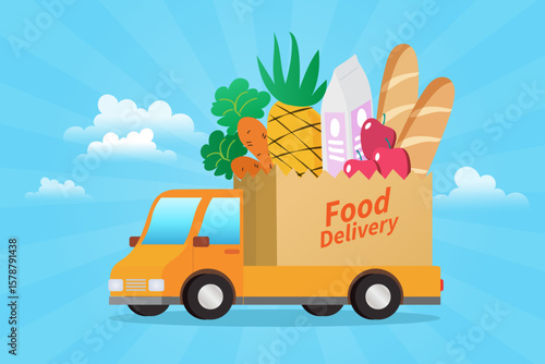 Vector illustration of a food delivery truck carrying fresh fruits, vegetables, and groceries. Concept of online shopping, grocery delivery, and food service.