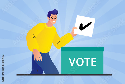 young man holding a voting ballot with a check mark, standing beside a vote box. Concept of election, political participation, and civic responsibility.