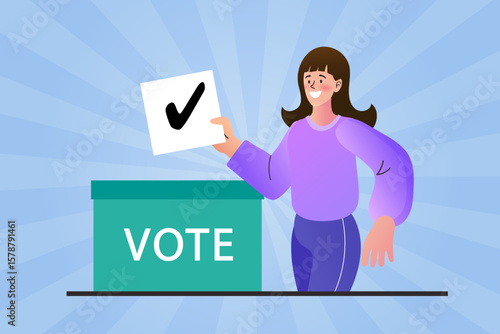Vector illustration of a woman putting a voting ballot with check mark into a box labeled VOTE. Concept of election participation, democratic right, and civic duty.