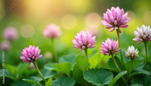 Close up shot of delicate pink and white spring clover flowers amidst a blanket of soft green foliage with sunlight filtering through wildflower close up floral arrangement