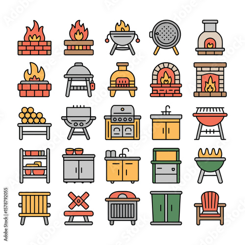 Colorful Line Art Icons Collection of Outdoor and Indoor Fireplaces Grills and Kitchen Cabinets Including Wood Burning Stoves Brick Fire Pits and Various Grill Types