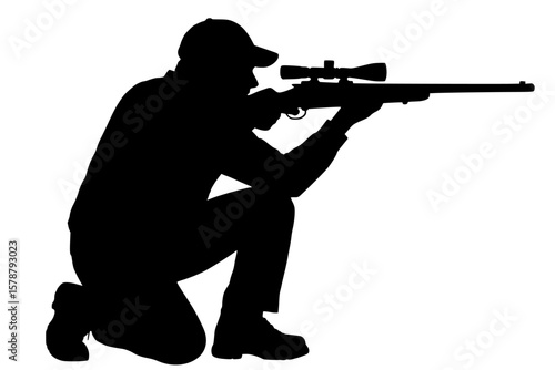 Silhouette of a person aiming with a rifle in a crouched position