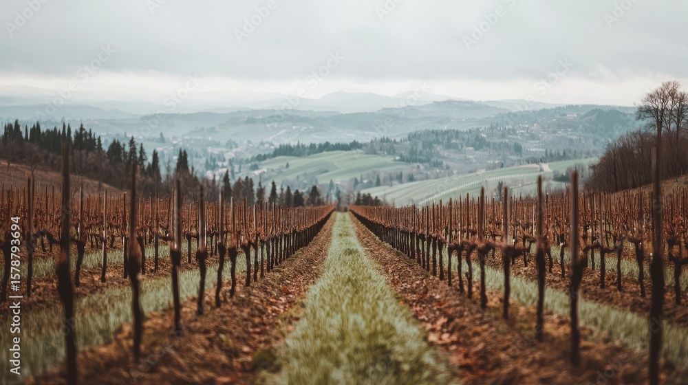 Fototapeta premium A misty landscape of a sprawling vineyard with rows of grapevines stretching into the distance surrounded by rolling hills and bare trees.
