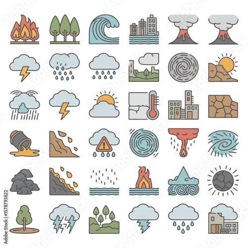Colorful Line Art Icons Depicting Natural Disasters and Environmental Catastrophes Including Wildfires Floods Volcanic Eruptions Earthquakes Landslides Droughts and Pollution