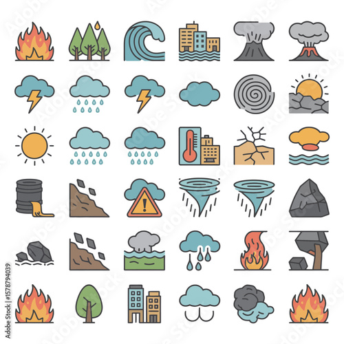 Colorful Line Icons Set Depicting Natural Disasters and Environmental Catastrophes Including Wildfires Floods Tornadoes Earthquakes Volcanic Eruptions Landslides Oil Spills and