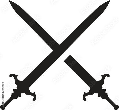 Swords in flat style and silhouettes isolated on white background. Icon set of ancient swords. Vector illustration. Medieval swords.