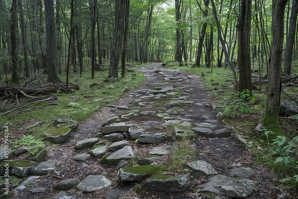 Naklejka premium Stone path winding through a tranquil forest, inviting exploration and adventure in nature