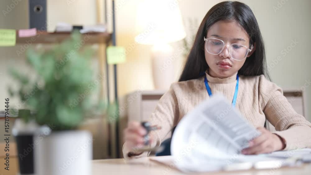 A girl is sitting at a desk and writing on a piece of paper. She is wearing glasses and has a blue lanyard A girl is sitting at a desk and writing on a piece of paper. She is wearing glasses and has a blue lanyard