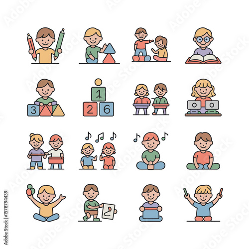 Colorful Vector Icons Depicting Children Engaged in Various Preschool Activities Including Drawing Painting Playing with Blocks Using Computers Singing and Reading