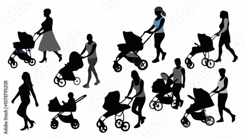 Silhouette illustrations showing adults pushing baby strollers in various poses and positions outdoors