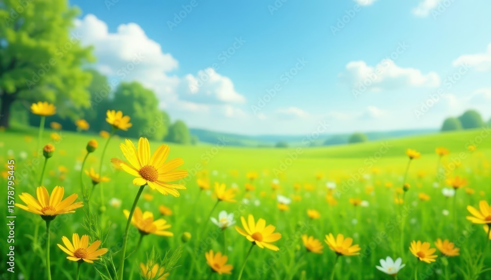 Fototapeta premium Gentle green fields dotted with bright yellow daisies sway in soft breeze, daisy, field