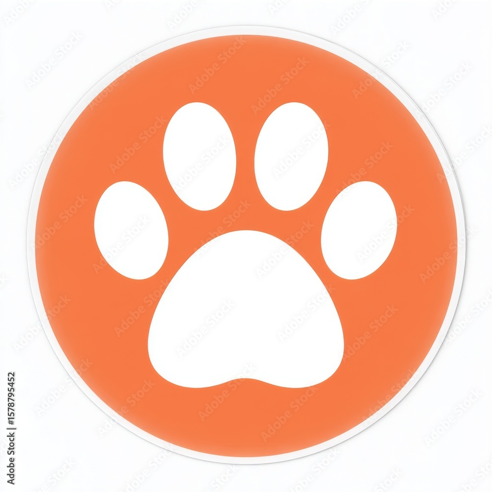 Fototapeta premium Bright orange circular icon with a white paw print symbol, featuring four oval toe pads and a rounded base, surrounded by a clean white border.