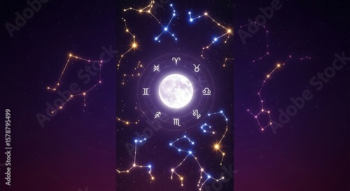 Illustration of zodiac signs surrounding a bright full moon, with constellations scattered across a dark purple and blue gradient background.