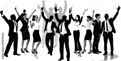 Group of business people celebrating success with arms raised in black and white illustration style