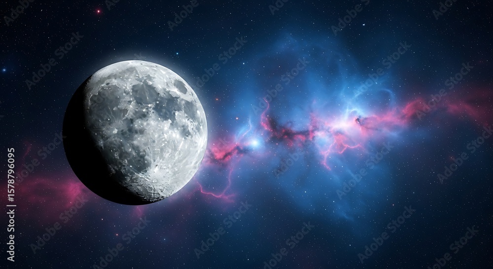 Fototapeta premium A detailed view of the moon against a backdrop of vibrant blue and pink nebula clouds in the vastness of space.